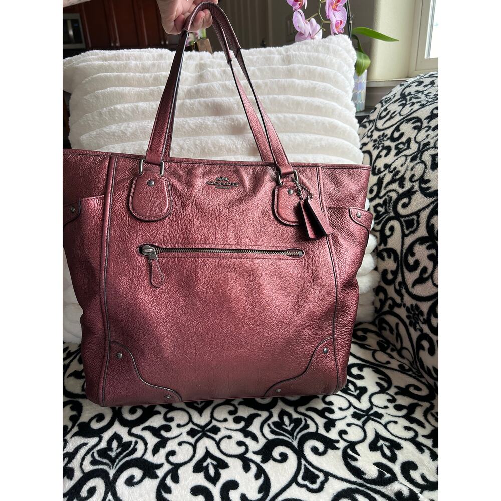 Coach Mickie Tote in Burgundy Metallic Leather